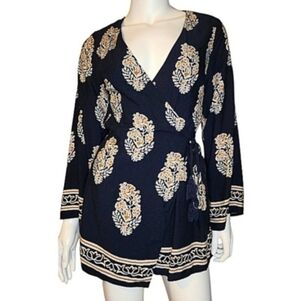 Fashion Nova Boho Wrap Romper, Navy & Cream Floral, Tassel Tie, Size S